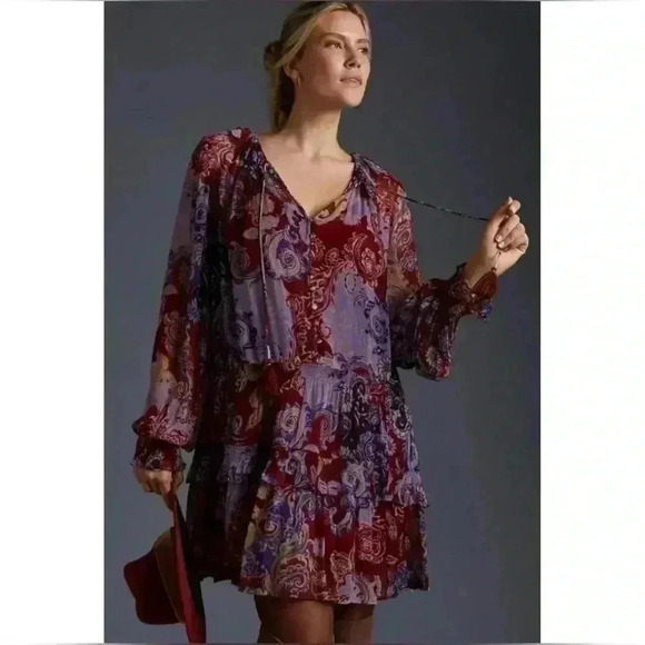 Anthropologie The Marais Printed Paisley Chiffon Mini Dress XS Women's - Picture 1 of 11